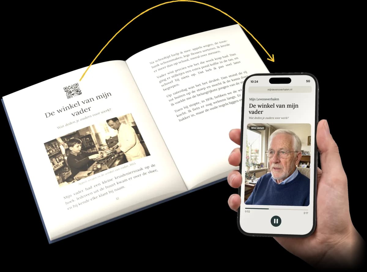 Le livre ouvert de Wim, avec une main qui tient un téléphone sur lequel Wim raconte son histoire.