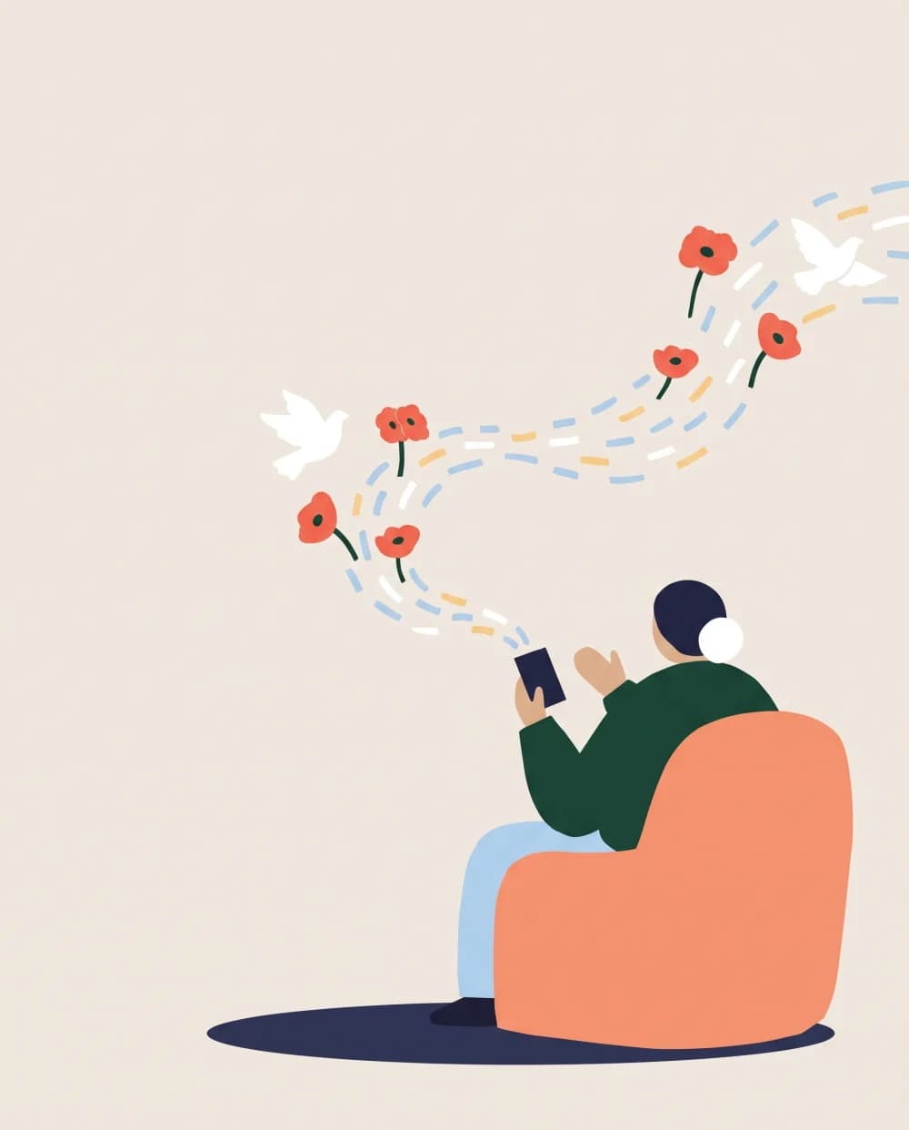 Illustration : une grand-mère raconte une histoire dans son téléphone