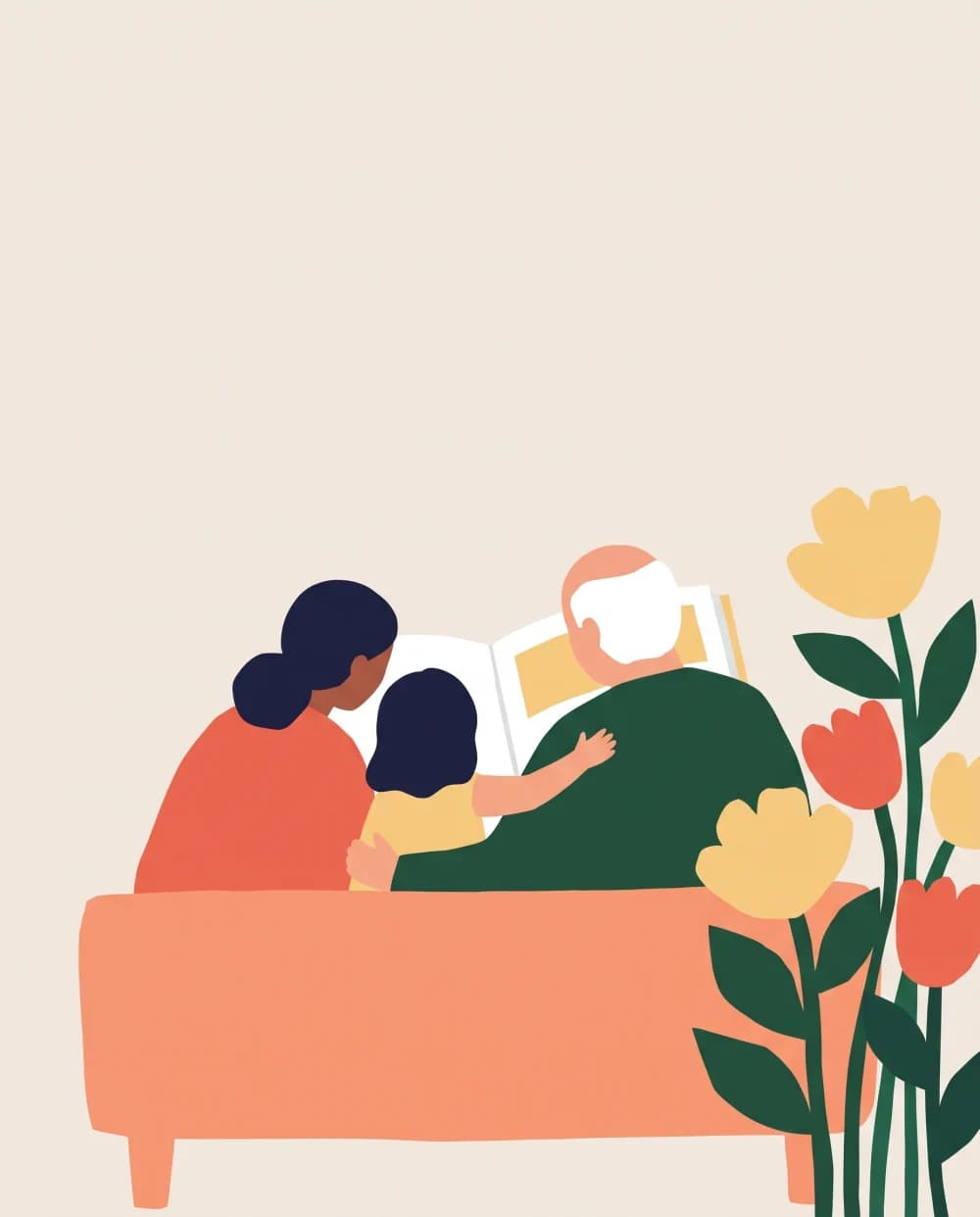 Une illustration de membres d'une famille qui lisent ensemble dans un livre.