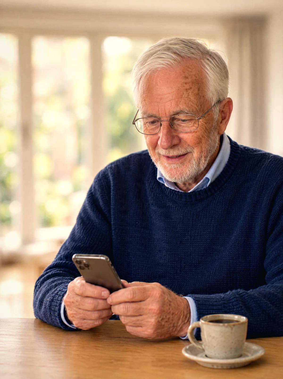 Un grand-père lit une nouvelle question sur son téléphone
